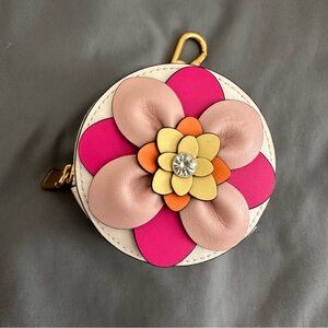 Kate Spade In Bloom 3D Floral Coin Purse Bag Charm Leather Round Zip Pouch
